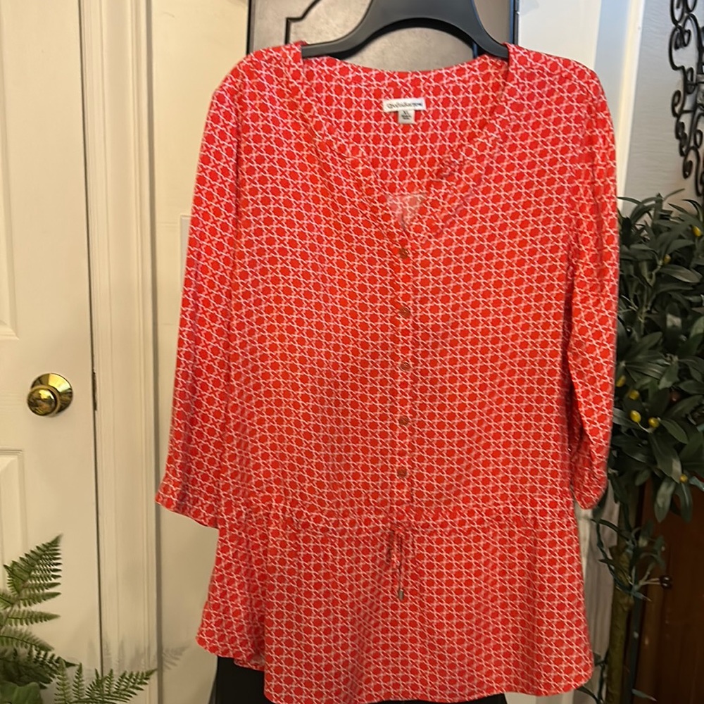 Croft and Barrow drawstring bottom blouse red and white.